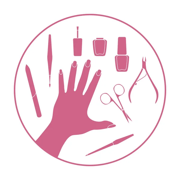 Manicure tools, hand, nail polish. Beauty salon. — Stock Vector