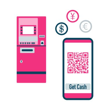QR kodu ile telefon, ATM nakit para çekme. Vektör