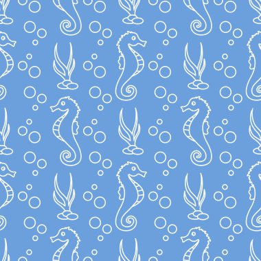 Deniz atları, bitkiler ile vektör Dikişsiz desen