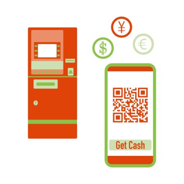 QR kodu ile telefon, ATM nakit para çekme. Vektör