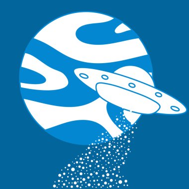 Vektör. Gezegen, Ufo uçan uzay gemisi. Dünya Ufo Günü