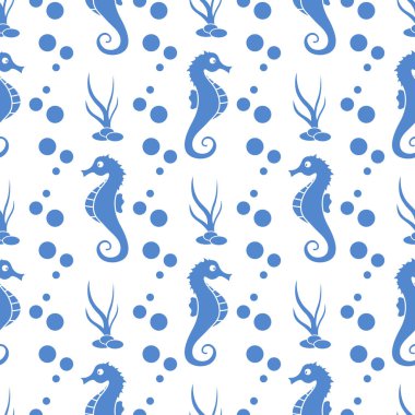 Deniz atları, bitkiler ile vektör Dikişsiz desen