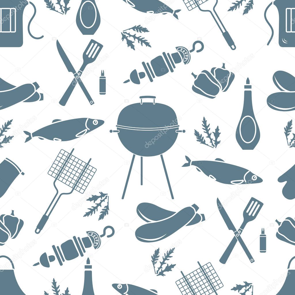 Seamless pattern with grill, barbecue tools. BBQ