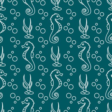 Deniz atları, bitkiler ile vektör Dikişsiz desen