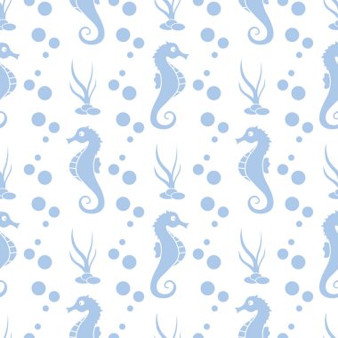 Deniz atları, bitkiler ile vektör Dikişsiz desen