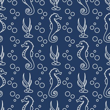Deniz atları, bitkiler ile vektör Dikişsiz desen