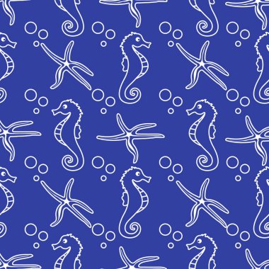 Deniz atları, denizyıldızı ile vektör Dikişsiz desen