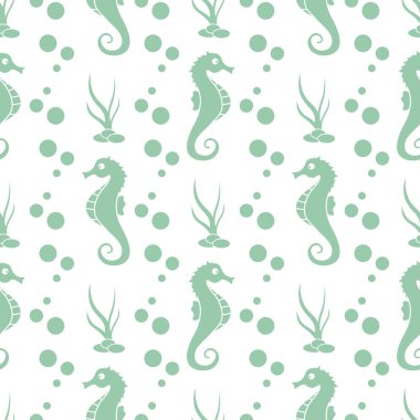 Deniz atları, bitkiler ile vektör Dikişsiz desen