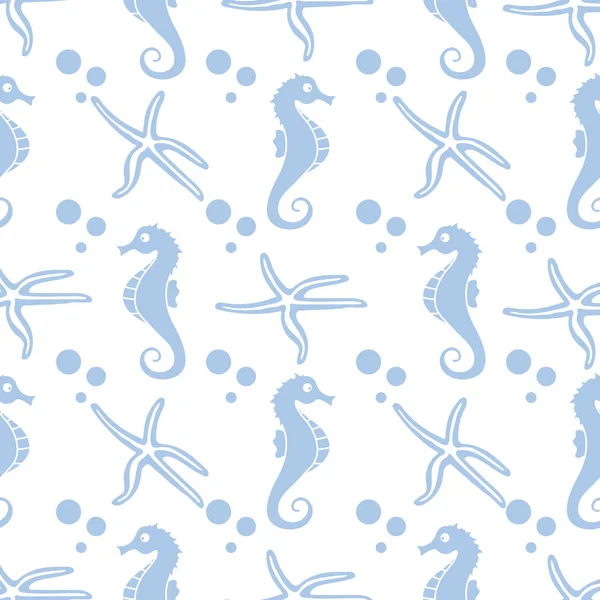 Векторный бесшовный рисунок с морскими лошадьми, морской звездой — стоковый вектор