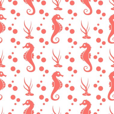 Deniz atları, bitkiler ile vektör Dikişsiz desen