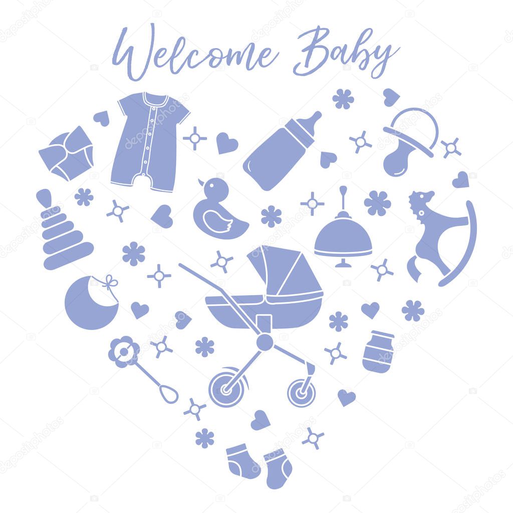 Newborn baby vector illustration. Kid stuff, toys