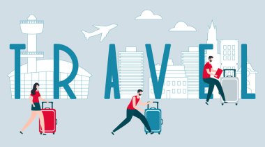 Vektör illüstrasyon. Tatilde seyahat eden insanlar