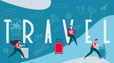 Vektör illüstrasyon. Tatilde seyahat eden insanlar