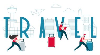 Vektör illüstrasyon. Tatilde seyahat eden insanlar