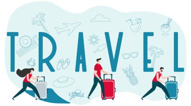 Vektör illüstrasyon. Tatilde seyahat eden insanlar