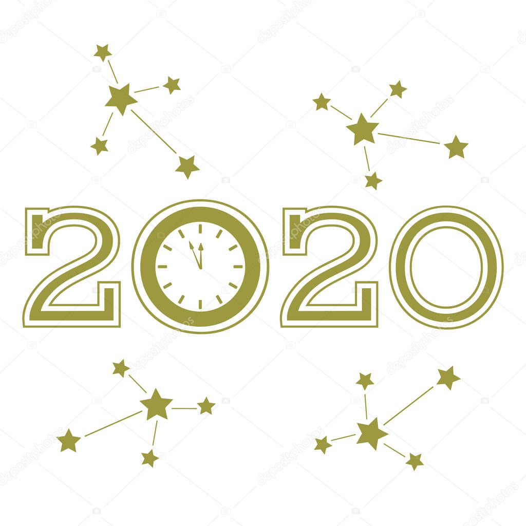 Vector 2020 numbers Happy new year clock, star