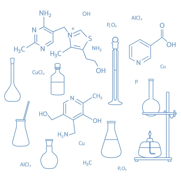 Bilim Kimya Eczanesi Eğitim Laboratuvarı ekipmanları — Stok Vektör