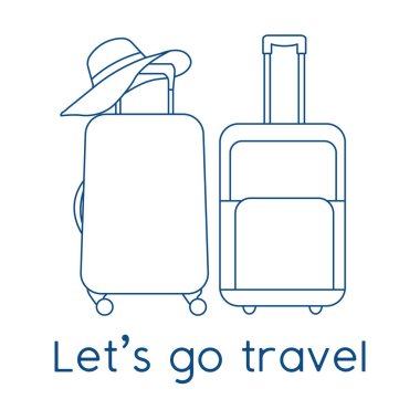 Vektör illüstrasyon valizleri, beyaz arka planda güneş şapkası. Seyahate çıkalım. Yaz tatili, tatil, tatil. Seyahat acentesi, rezervasyon servisi. Web sayfası için dizayn, yazdırma