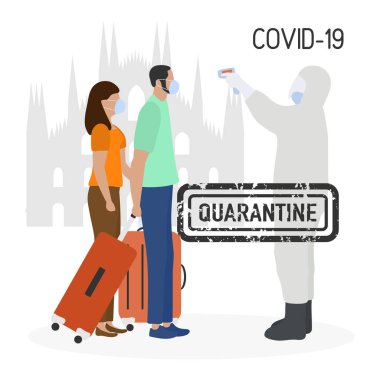 Vektör çizimi karantina. Virüslü turistleri evlerine geri götürmek. Coronavirus Çin virüsü COVID-19 karantina salgını enfeksiyon riskini azaltıyor, hastalık önleme tedbirleri evde kalıyor. Sağlık hizmetleri