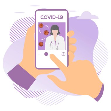 Vektör illüstrasyon 2019-nCoV İnsan Coronavirus COVID-19 hakkında modern bir cihazda bilgi arıyor. Patojen solunum yolu Çin koronavirüsü SARS salgın riski web sitesi için dizayn, yazdırma