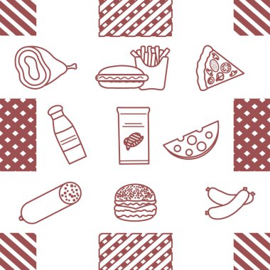 Yemekle kusursuz desen. Sosis, hamburger, peynir, pizza, patates kızartması, cips, sosis, jambon. Sağlıksız bir yaşam tarzı. Fast food Pikniği. Zararlı yeme alışkanlıkları Paket, kumaş, baskı için tasarım