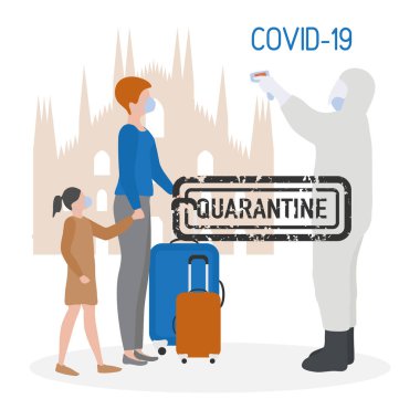 Vektör çizimi karantina. Virüslü turistleri evlerine geri götürmek. Coronavirus Çin virüsü COVID-19 karantina salgını enfeksiyon riskini azaltıyor, hastalık önleme tedbirleri evde kalıyor. Sağlık hizmetleri