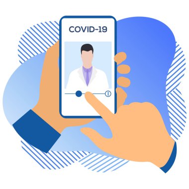 Vektör illüstrasyon 2019-nCoV İnsan Coronavirus COVID-19 hakkında modern bir cihazda bilgi arıyor. Patojen solunum yolu Çin koronavirüsü SARS salgın riski web sitesi için dizayn, yazdırma