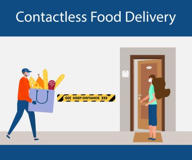 Vektör illüstrasyonu Temassız Teslimat İnsanları. Coronavirus COVID-19 Karantina. Kurye ve müşteri Çin virüsü 2019-nCoV koruma ve enfeksiyon önleme siparişi verirken güvenli mesafeyi koruyorlar.