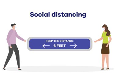 Vektör çizimi. Mesafeyi koru. Sosyal uzaklık. Çin koronavirüsü COVID-19 Koruyucu maskeli insanlar birbirlerinden uzak durarak salgın riskini ve önleme tedbirlerini azaltıyor.