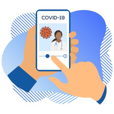 Vektör illüstrasyon 2019-nCoV İnsan Coronavirus COVID-19 hakkında modern bir cihazda bilgi arıyor. Patojen solunum yolu Çin koronavirüsü SARS salgın riski web sitesi için dizayn, yazdırma