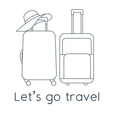 Vektör illüstrasyon valizleri, beyaz arka planda güneş şapkası. Seyahate çıkalım. Yaz tatili, tatil, tatil. Seyahat acentesi, rezervasyon servisi. Web sayfası için dizayn, yazdırma