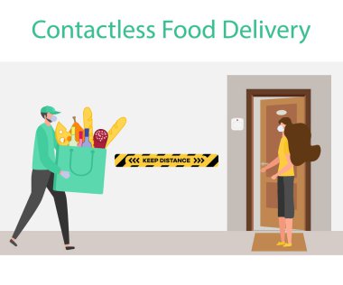 Vektör illüstrasyonu Temassız Teslimat İnsanları. Coronavirus COVID-19 Karantina. Kurye ve müşteri Çin virüsü 2019-nCoV koruma ve enfeksiyon önleme siparişi verirken güvenli mesafeyi koruyorlar.