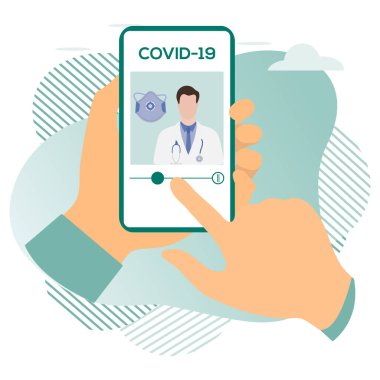 Vektör illüstrasyon 2019-nCoV İnsan Coronavirus COVID-19 hakkında modern bir cihazda bilgi arıyor. Patojen solunum yolu Çin koronavirüsü SARS salgın riski web sitesi için dizayn, yazdırma