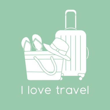 Vektör illüstrasyon çantası, güneş şapkası, plaj çantası, arka planda izole edilmiş parmak arası terlikler. Seyahat etmeyi severim. Yaz tatili, tatil, tatil. Seyahat acentesi kavramı. Web sayfası için dizayn, yazdırma