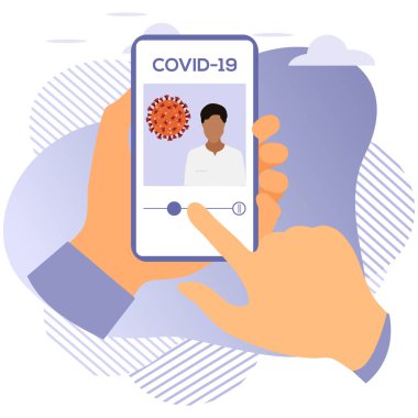 Vektör illüstrasyon 2019-nCoV İnsan Coronavirus COVID-19 hakkında modern bir cihazda bilgi arıyor. Patojen solunum yolu Çin koronavirüsü SARS salgın riski web sitesi için dizayn, yazdırma