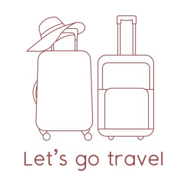 Vektör illüstrasyon valizleri, beyaz arka planda güneş şapkası. Seyahate çıkalım. Yaz tatili, tatil, tatil. Seyahat acentesi, rezervasyon servisi. Web sayfası için dizayn, yazdırma