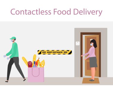 Vektör illüstrasyonu Temassız Teslimat İnsanları. Coronavirus COVID-19 Karantina. Kurye ve müşteri Çin virüsü 2019-nCoV koruma ve enfeksiyon önleme siparişi verirken güvenli mesafeyi koruyorlar.