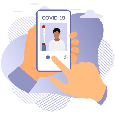 Vektör illüstrasyon 2019-nCoV İnsan Coronavirus COVID-19 hakkında modern bir cihazda bilgi arıyor. Patojen solunum yolu Çin koronavirüsü SARS salgın riski web sitesi için dizayn, yazdırma