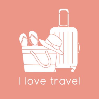 Vektör illüstrasyon çantası, güneş şapkası, plaj çantası, arka planda izole edilmiş parmak arası terlikler. Seyahat etmeyi severim. Yaz tatili, tatil, tatil. Seyahat acentesi kavramı. Web sayfası için dizayn, yazdırma