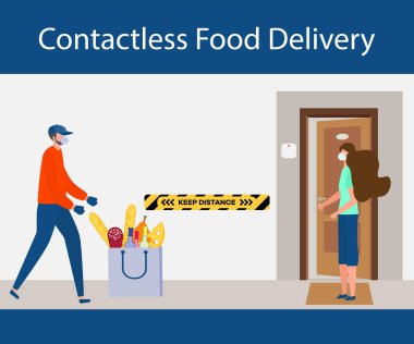 Vektör illüstrasyonu Temassız Teslimat İnsanları. Coronavirus COVID-19 Karantina. Kurye ve müşteri Çin virüsü 2019-nCoV koruma ve enfeksiyon önleme siparişi verirken güvenli mesafeyi koruyorlar.