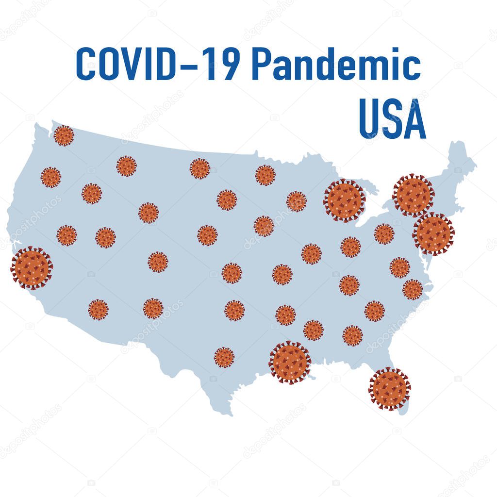 Vector illustration USA Map Covid-19 Quarantine. Pandemic. Stop the spread of corona virus 2019-nCoV Protection, infection prevention Pathogen respiratory Health, medicine Design for web, print