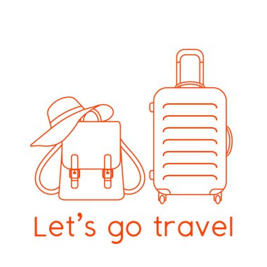 Vektör illüstrasyon çantası, güneş şapkası, beyaz arka planda izole edilmiş sırt çantası. Seyahate çıkalım. Yaz tatili, tatil, tatil. Seyahat acentesi kavramı. Web sayfası için dizayn, yazdırma