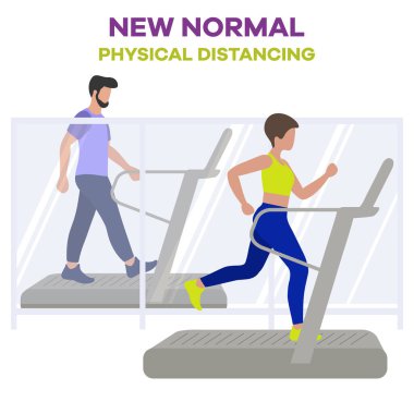 Vücut geliştirme merkezinin yeniden açılması, koronavirüs karantinasından sonra spor kulüpleri. Koşu bandında spor yapan insanlar COVID 'i sosyal mesafeden uzak tutarlar Yeni normal insanlar Ayrı durun Fiziksel mesafeler
