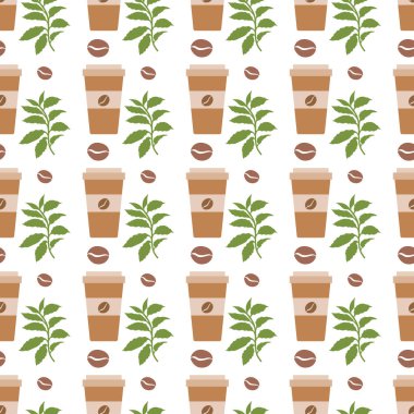 Kusursuz kahve kalıbı. Kağıt kahve fincanlarıyla arka plan tekrarı. - Günaydın. Götürün. Kafe, bistro, bar menü kartı. Paket, tekstil ve baskı için yiyecek ve içecek tasarımı