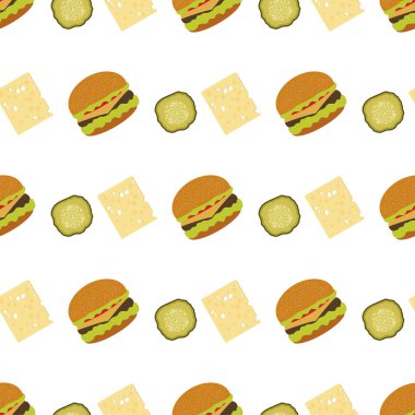 Vektör desensiz Illustration Burger. Sokak yemeği Amerikan hazır yemek servisi. Lezzetli sandviç. Kafe, bistro, hamburger restoranı menü kartı. Abur cubur. Paketleme ve yazdırma için tasarım