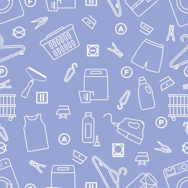 Vektör desensiz tasvir, kuru temizleme, çamaşır, temizlik hizmetleri. Ev aletleri. Elbise yıkama, çamaşır yıkama. Çamaşır servisi ekipmanları. İşleri normal işlemde yeniden başlat