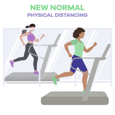 Vücut geliştirme merkezinin yeniden açılması, koronavirüs karantinasından sonra spor kulüpleri. Koşu bandında spor yapan insanlar COVID 'i sosyal mesafeden uzak tutarlar Yeni normal insanlar Ayrı durun Fiziksel mesafeler