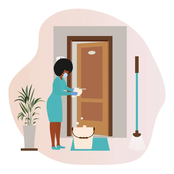 Ilustración Vectorial Servicio Limpieza Desinfecta Habitación Hotel Coronavirus Gérmenes Mujer — Vector de stock