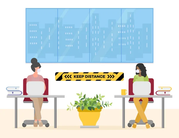 Ofiste çalışan insanlarla vektör çizimi. Sosyal uzaklık. Yeni normal konsept ve fiziksel uzaklık. COVID-19 koronavirüs salgınından sonra yeni davranışlar. Mesafeyi koru. Uyarı işareti