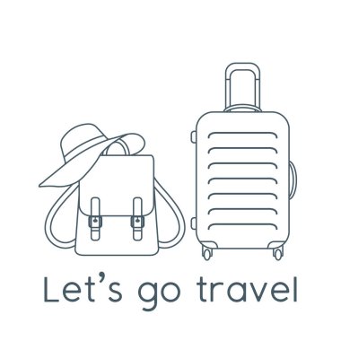 Vektör illüstrasyon çantası, güneş şapkası, beyaz arka planda izole edilmiş sırt çantası. Seyahate çıkalım. Yaz tatili, tatil, tatil. Seyahat acentesi kavramı. Web sayfası için dizayn, yazdırma